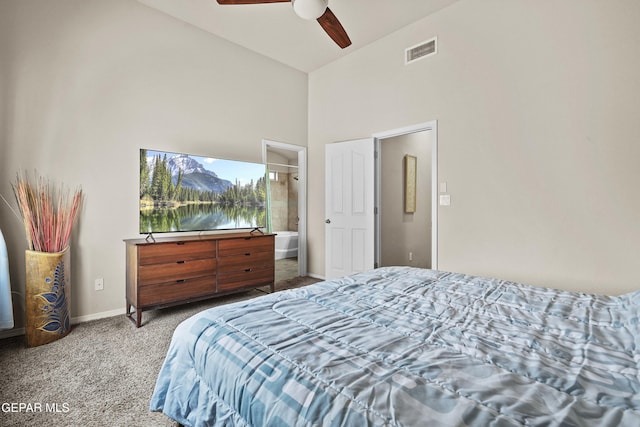 7421 Dewberry Dr, El Paso, TX 79911 - bedroom with carpet floors, a towering ceiling, baseboards, and a ceiling fan