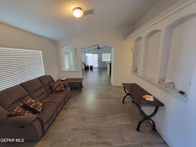 13611 Everingham St, El Paso, TX 79928 - living area with arched walkways and ceiling fan