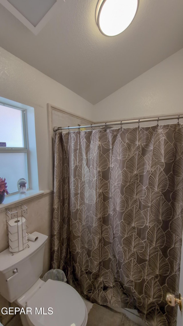 full bath featuring toilet, a shower with shower curtain, and vaulted ceiling