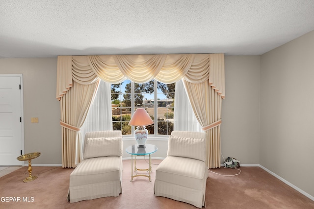 living area featuring carpet floors, a textured ceiling, and baseboards