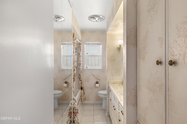 full bathroom with toilet, vanity, tile patterned floors, and shower / bath combo with shower curtain