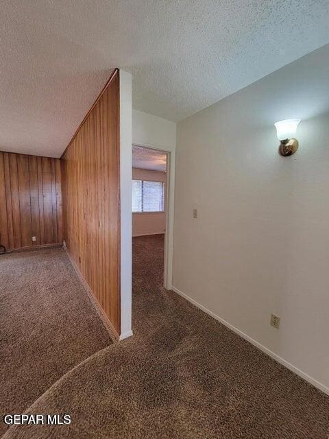 7716 Iroquois Dr, El Paso, TX 79912 - additional living space featuring a textured ceiling, carpet, baseboards, and wood walls
