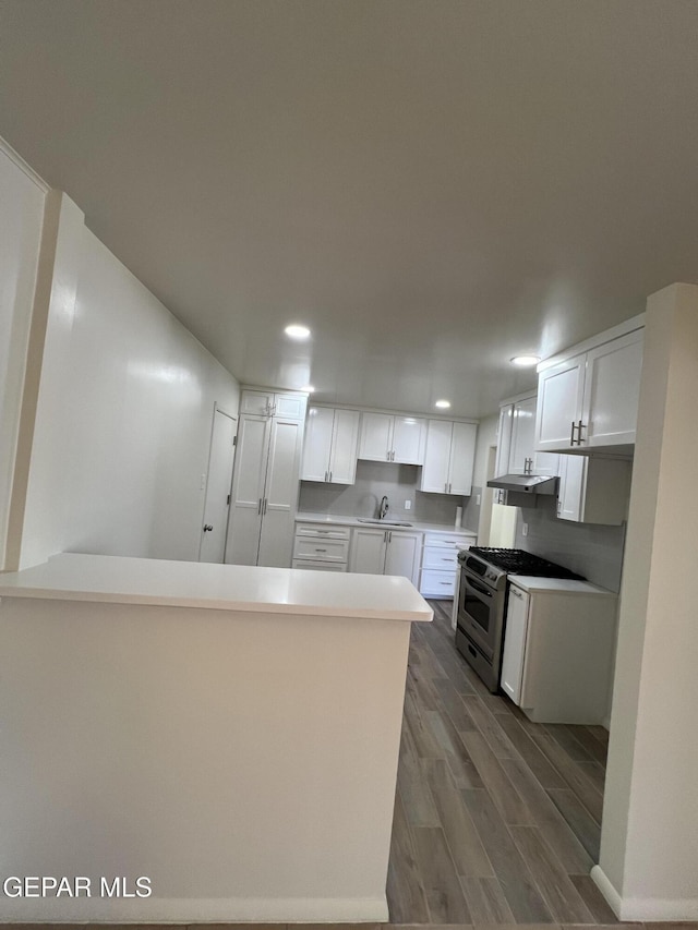 6044 Cabrillo Dr, El Paso, TX 79912 - kitchen featuring recessed lighting, under cabinet range hood, white cabinetry, a sink, and wood finished floors