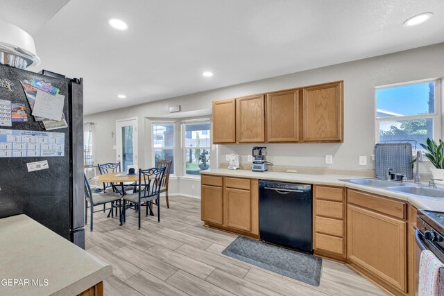 12572 Paseo Alegre Dr, El Paso, TX 79928 - kitchen with dishwasher, range, a sink, freestanding refrigerator, and recessed lighting