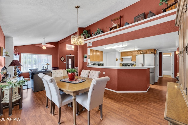 12273 El Greco Cir, El Paso, TX 79936 - dining room featuring lofted ceiling, a chandelier, wood finished floors, and a textured ceiling