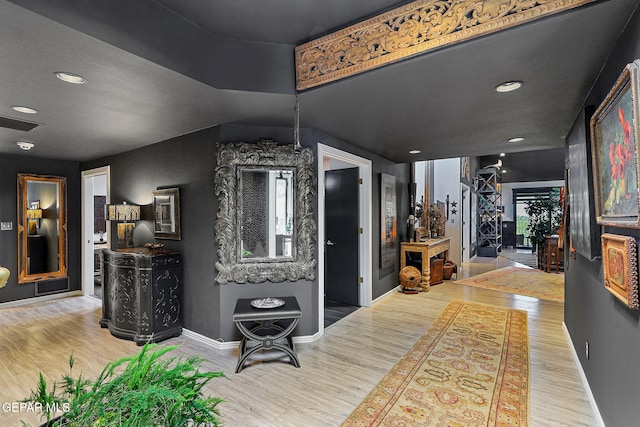 1114 Los Jardines Cir, El Paso, TX 79912 - hall featuring wood finished floors, baseboards, recessed lighting, and lofted ceiling