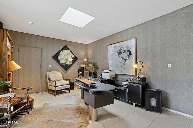 1114 Los Jardines Cir, El Paso, TX 79912 - office featuring light tile patterned flooring, a skylight, and wallpapered walls