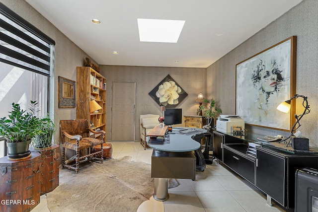 1114 Los Jardines Cir, El Paso, TX 79912 - home office featuring a skylight, light tile patterned floors, a textured wall, and recessed lighting