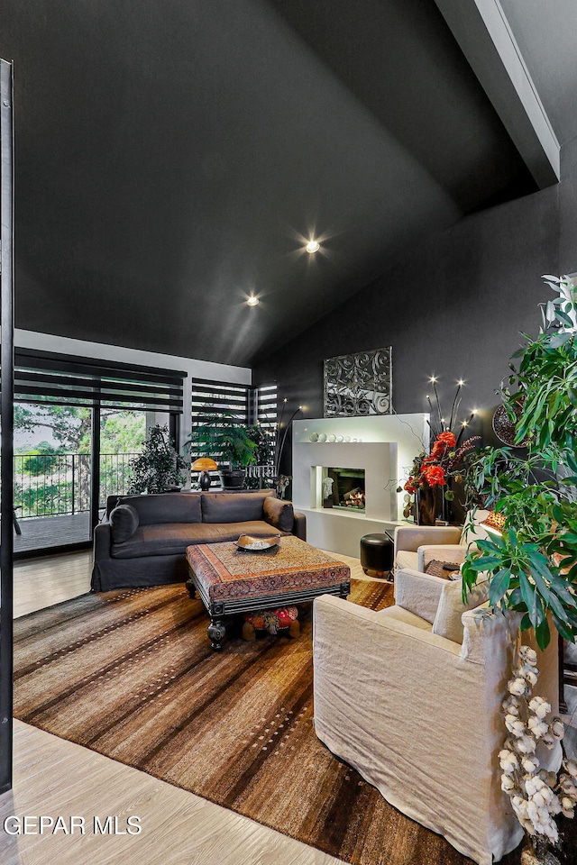 1114 Los Jardines Cir, El Paso, TX 79912 - living room featuring wood finished floors, vaulted ceiling, recessed lighting, and a fireplace with raised hearth