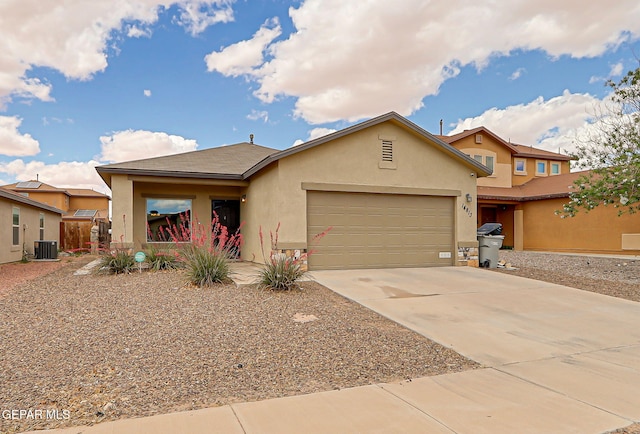 view of front of property with stucco siding, central air condition unit, an attached garage, and driveway