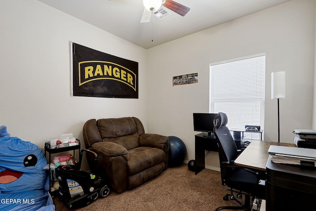 office space with ceiling fan, carpet flooring, and baseboards