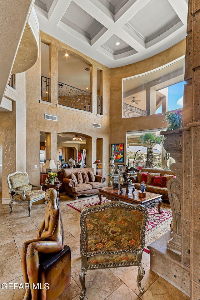 6664 Tuscany Ridge Dr, El Paso, TX 79912 - building lobby with a towering ceiling, coffered ceiling, and beam ceiling