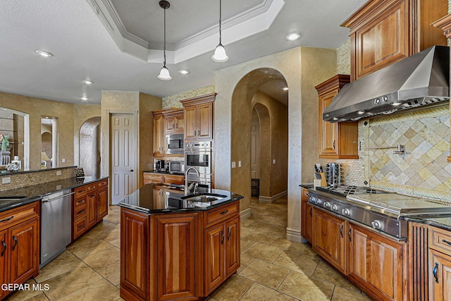6664 Tuscany Ridge Dr, El Paso, TX 79912 - kitchen featuring exhaust hood, arched walkways, a sink, stainless steel appliances, and a tray ceiling