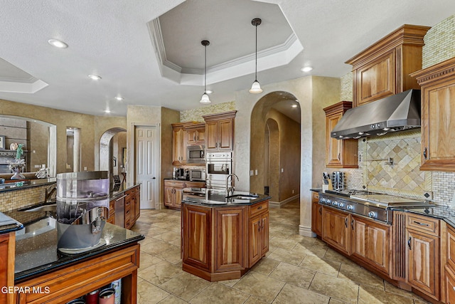 6664 Tuscany Ridge Dr, El Paso, TX 79912 - kitchen with arched walkways, stainless steel appliances, under cabinet range hood, a raised ceiling, and crown molding
