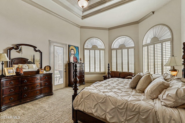 6664 Tuscany Ridge Dr, El Paso, TX 79912 - bedroom with access to exterior, light colored carpet, and crown molding