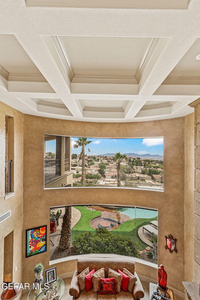 6664 Tuscany Ridge Dr, El Paso, TX 79912 - interior space with coffered ceiling, ornamental molding, and beam ceiling