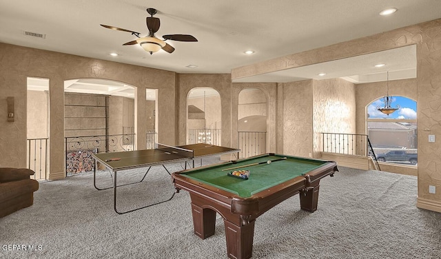 6664 Tuscany Ridge Dr, El Paso, TX 79912 - game room with carpet floors, ceiling fan, arched walkways, recessed lighting, and billiards table