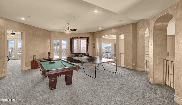 6664 Tuscany Ridge Dr, El Paso, TX 79912 - game room featuring a ceiling fan, french doors, carpet, arched walkways, and recessed lighting