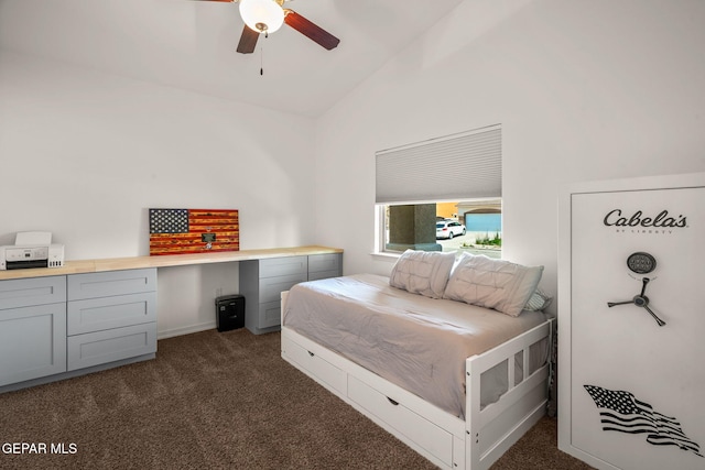 14328 N Cave Dr, El Paso, TX 79938 - bedroom with lofted ceiling, dark carpet, a desk, and ceiling fan