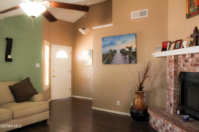 2445 Nancy Mcdonald Dr, El Paso, TX 79936 - living area featuring wood finished floors, ceiling fan, high vaulted ceiling, and baseboards