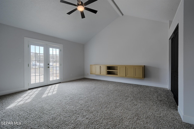 7413 Le Conte Dr, El Paso, TX 79912 - unfurnished living room with carpet floors, ceiling fan, vaulted ceiling, french doors, and baseboards