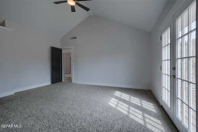 7413 Le Conte Dr, El Paso, TX 79912 - spare room featuring ceiling fan, high vaulted ceiling, carpet, and baseboards