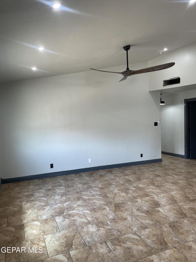 472 Valle Suave Dr, Socorro, TX 79927 - unfurnished room featuring a ceiling fan, stone finish floors, baseboards, and recessed lighting