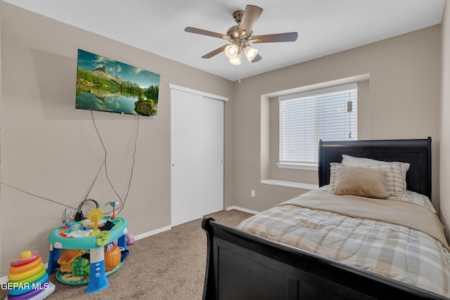 11129 Catherine Slutter Ln, Socorro, TX 79927 - carpeted bedroom with a closet, baseboards, and ceiling fan
