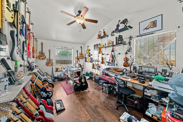 11968 Frances Scobee Dr, El Paso, TX 79936 - misc room with a ceiling fan, hardwood / wood-style floors, vaulted ceiling, and a workshop area