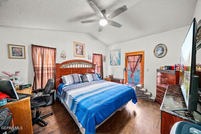 11968 Frances Scobee Dr, El Paso, TX 79936 - bedroom with vaulted ceiling, wood finished floors, a textured ceiling, and a ceiling fan