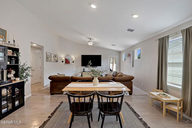 436 Sun Temple Rd, Socorro, TX 79927 - dining space featuring vaulted ceiling, a ceiling fan, baseboards, and recessed lighting