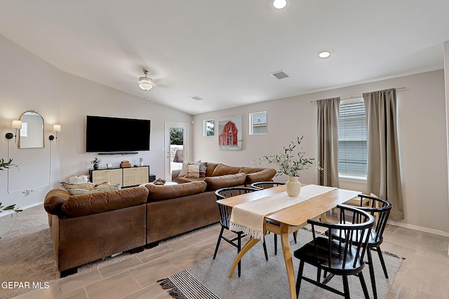 436 Sun Temple Rd, Socorro, TX 79927 - dining room featuring ceiling fan, vaulted ceiling, recessed lighting, and baseboards