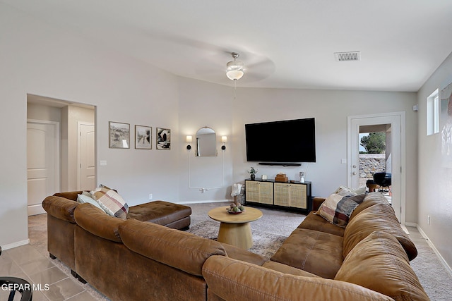 436 Sun Temple Rd, Socorro, TX 79927 - living room featuring vaulted ceiling, a ceiling fan, and baseboards