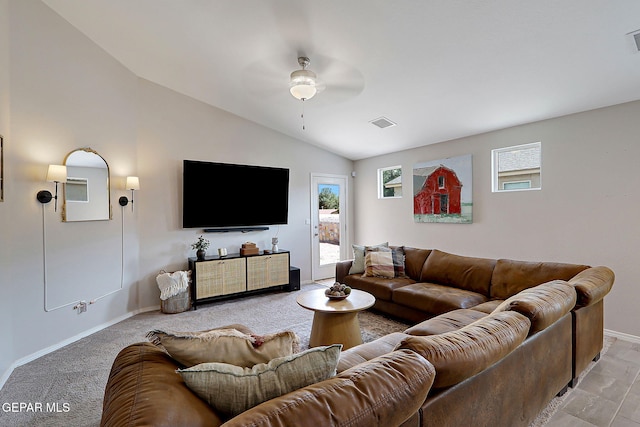 436 Sun Temple Rd, Socorro, TX 79927 - living area featuring vaulted ceiling, a ceiling fan, plenty of natural light, baseboards, and light carpet