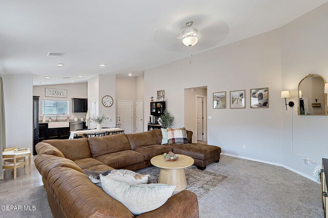 436 Sun Temple Rd, Socorro, TX 79927 - living room featuring a ceiling fan, light carpet, recessed lighting, and baseboards