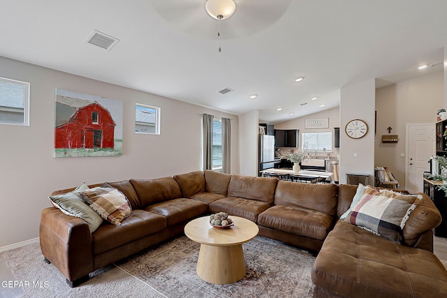 436 Sun Temple Rd, Socorro, TX 79927 - living area featuring ceiling fan, recessed lighting, lofted ceiling, and baseboards