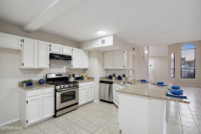 kitchen with appliances with stainless steel finishes, a peninsula, a sink, under cabinet range hood, and white cabinetry
