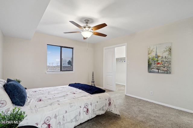 bedroom featuring carpet flooring, baseboards, and ceiling fan