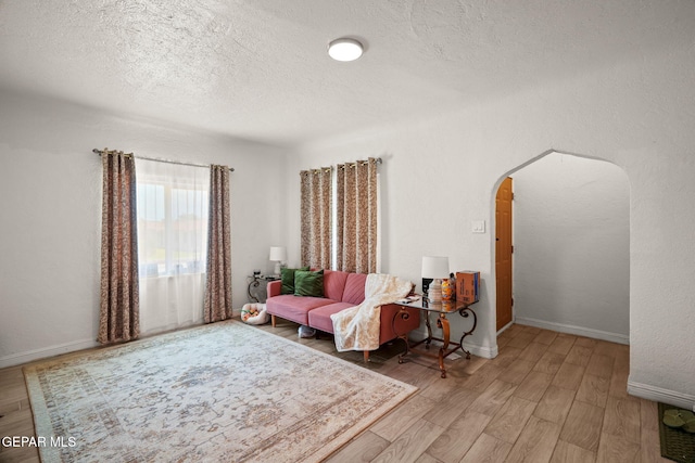 2805 Grant Ave, El Paso, TX 79930 - living area featuring arched walkways, light wood-style floors, baseboards, and a textured ceiling