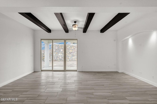 3825 Aspire Pl, El Paso, TX 79938 - spare room featuring a ceiling fan, beamed ceiling, baseboards, and light wood finished floors