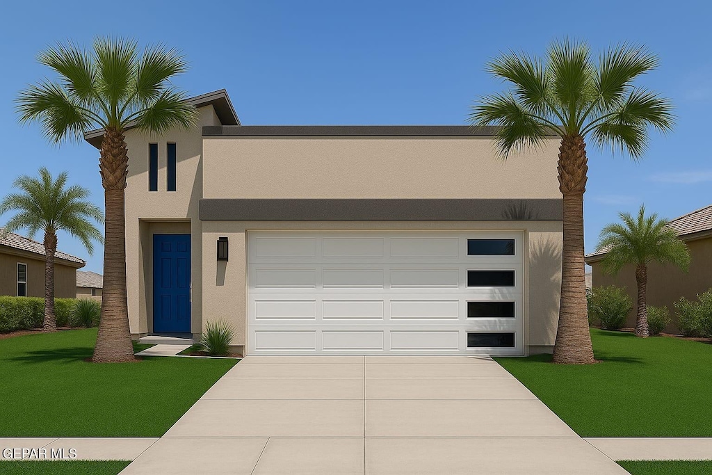 12105 Sanaa, El Paso, TX 79934 - view of front facade featuring stucco siding, a garage, concrete driveway, and a front yard