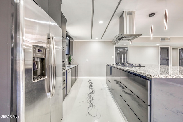 1957 Ratner Cir, El Paso, TX 79936 - kitchen featuring appliances with stainless steel finishes, modern cabinets, island exhaust hood, a center island, and baseboards
