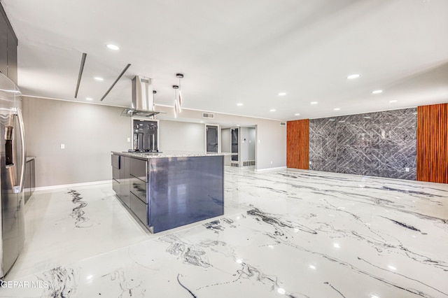 1957 Ratner Cir, El Paso, TX 79936 - kitchen with light marble finish floors, modern cabinets, recessed lighting, baseboards, and island exhaust hood