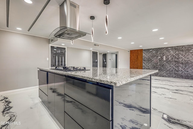 1957 Ratner Cir, El Paso, TX 79936 - kitchen with island exhaust hood, light marble finish flooring, recessed lighting, black gas cooktop, and light stone countertops
