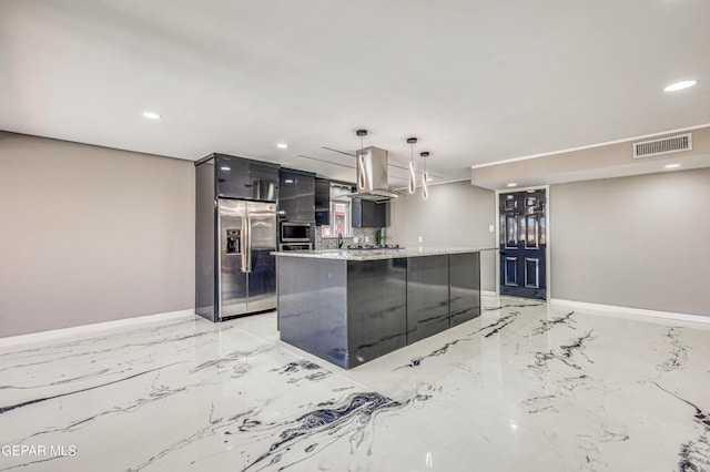 1957 Ratner Cir, El Paso, TX 79936 - kitchen with stainless steel refrigerator with ice dispenser, light marble finish floors, range hood, baseboards, and recessed lighting