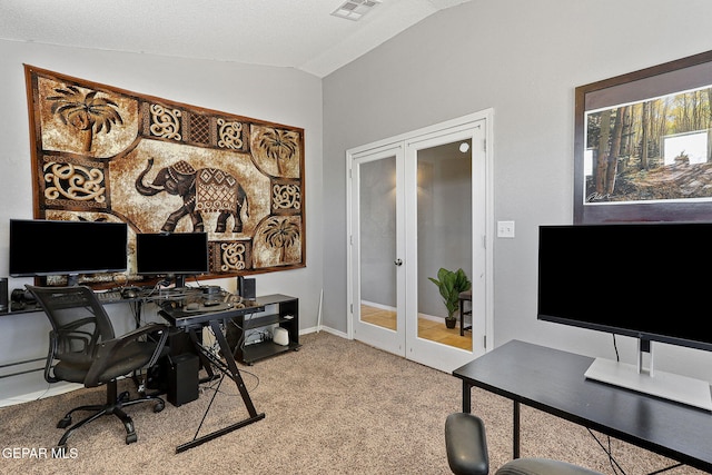 513 Bogota Pl, El Paso, TX 79928 - carpeted home office with french doors, lofted ceiling, and baseboards