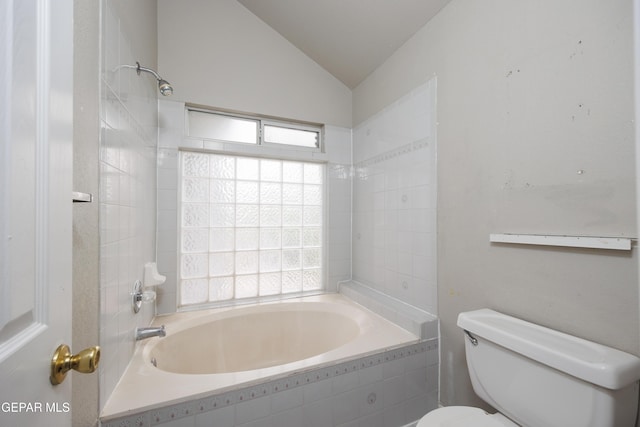 full bath with vaulted ceiling, a tub, toilet, and a shower