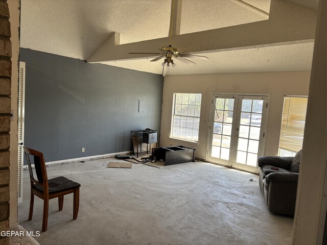 10645 Obsidian St, El Paso, TX 79924 - living area with french doors, ceiling fan, and vaulted ceiling