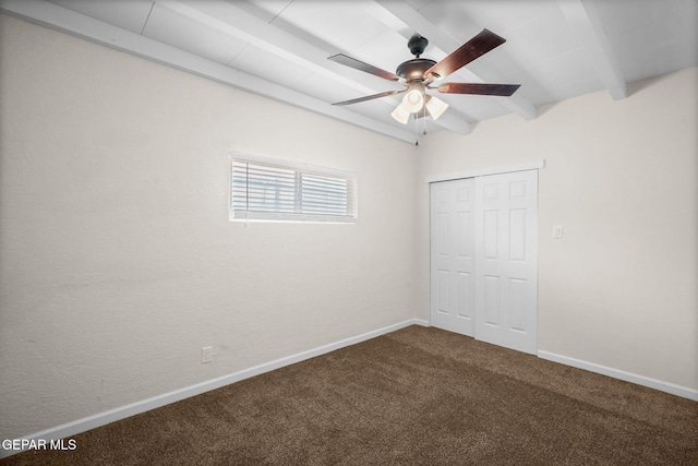 5325 Timberwolf Dr, El Paso, TX 79903 - unfurnished bedroom featuring beam ceiling, carpet floors, a closet, baseboards, and ceiling fan