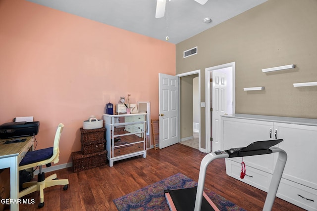 421 Wild Willow Dr, El Paso, TX 79922 - bedroom featuring wood finished floors, baseboards, a desk, a towering ceiling, and a ceiling fan